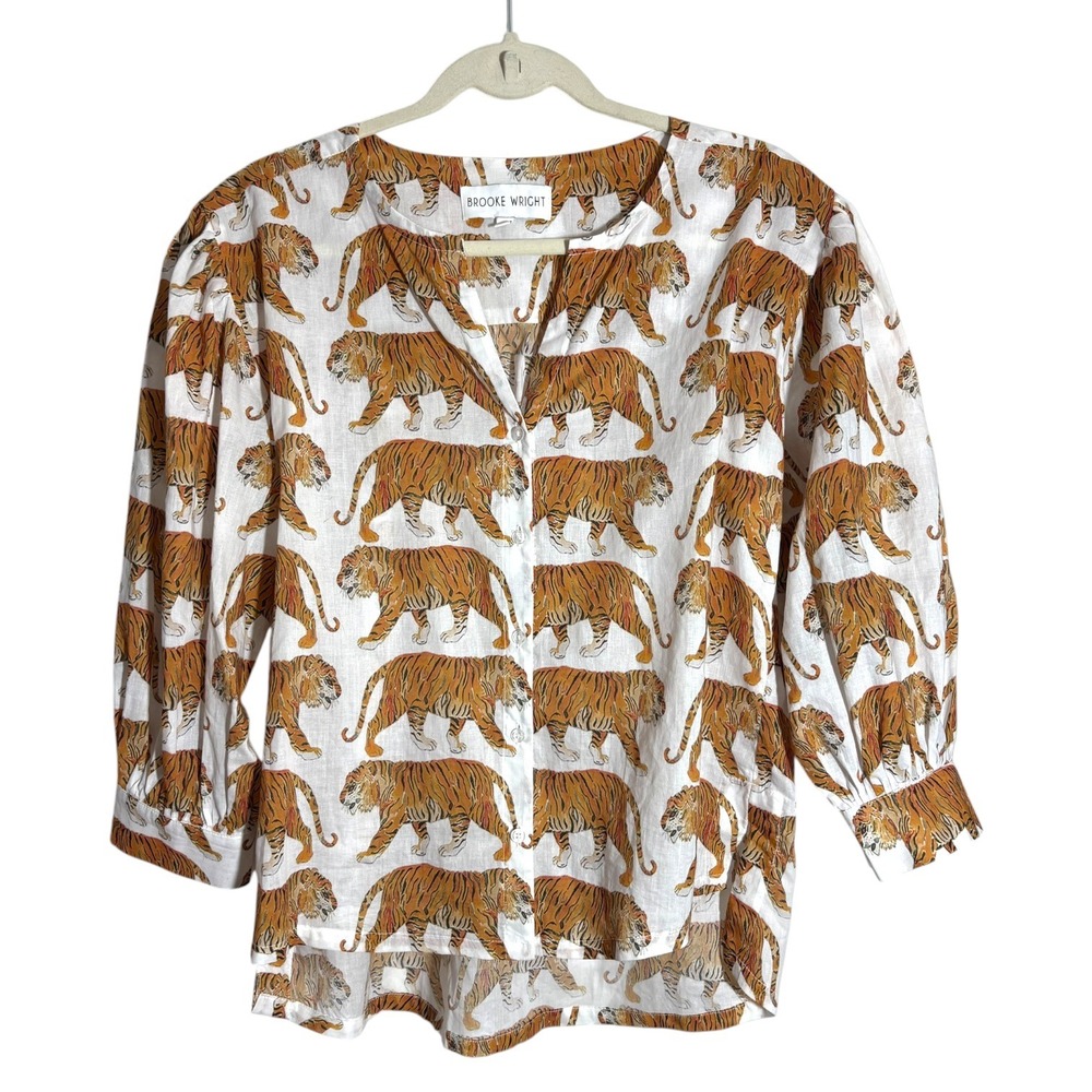 Brooke Wright Tiger Print Puff Sleeve Cotton Blouse Top sz S Excellent